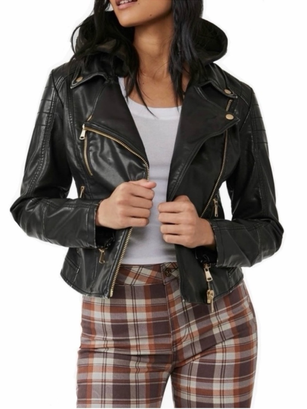 Free People We the Free Harriett Vegan Leather Moto Jacket in Black Sz M NO HOOD